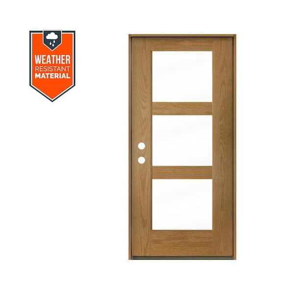 BRIGHTON Modern 36 in. x 79 in. 3-Lite Right-Hand/Inswing Clear Glass Bourbon Stain Fiberglass Prehung Front Door