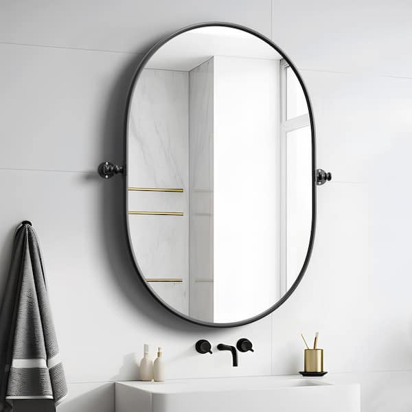 Lirago 23 in. W x 31 in. H Oval Metal Framed Pivoted Bathroom Wall Vanity Mirror in Black
