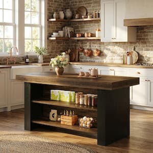 Keenyah Brown 55.12''W Farmhouse Kitchen Island with 2 Open Shelves and Knee Space Design, Counter Height Kitchen Island