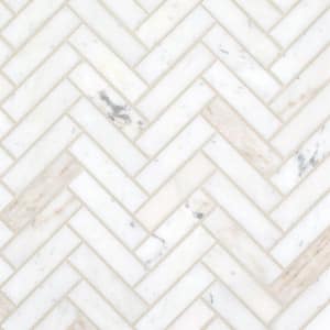 Cascade Milky Veil White 10.875'' x 10.625'' Herringbone Honed Marble Wall and Floor Mosaic Tile (12.03 sq. ft. /Case)