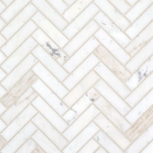 Cascade Milky Veil White 10.875" x 10.625" Herringbone Honed Marble Wall and Floor Mosaic Tile (12.03 sq. ft./Case)