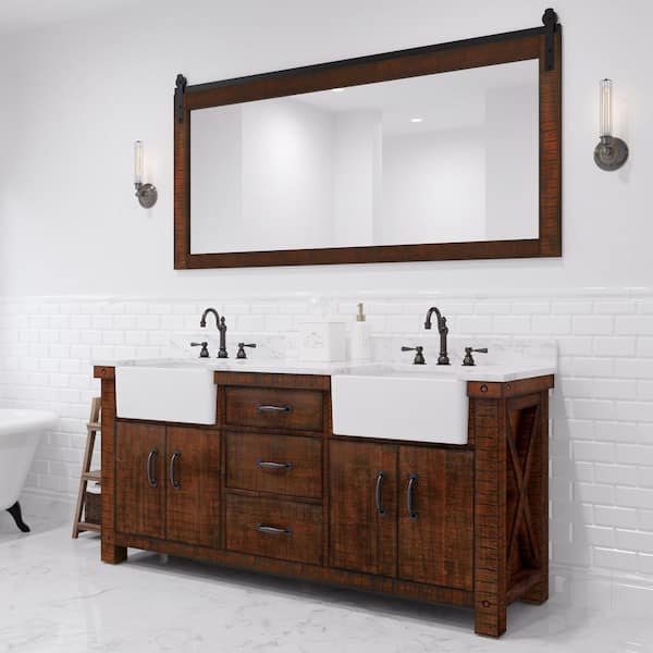 Paisley 72 in. W x 22 in. D Vanity in Rustic Sienna with Marble Vanity Top in White with White Basin, Faucet and Mirror