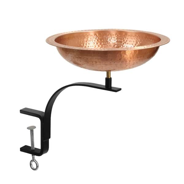Hammered Solid Copper Birdbath w/Rail Mount Bracket, 13.25 in. Tall, Satin Copper