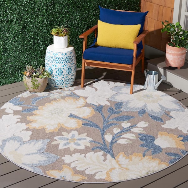 Sarasota Navy/Brown 7 ft. x 7 ft. Floral Round Area Rug