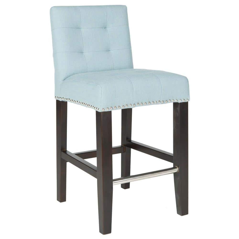 Transitional Sky Blue Leather & Metal Counter Stool with Silver Nailheads