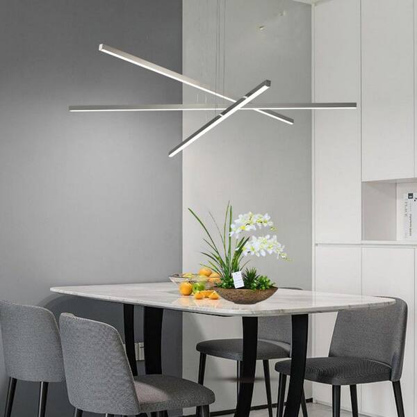 Modern 3-Light Chrome Sleek Metal Geometric Linear Chandelier for Dining Room with Integrated LED