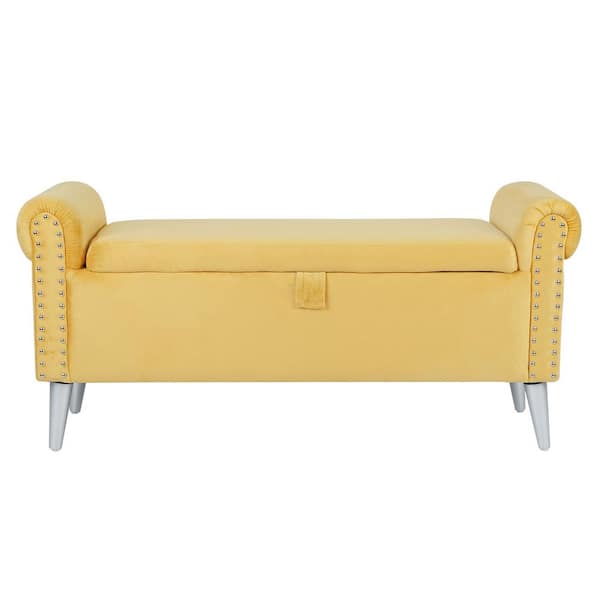 DAZONE Upholstered Flip Top Bedroom Bench End Storage Nailhead Velvet Yellow 21.7 in. H x 47 in. W x 17.3 in. D
