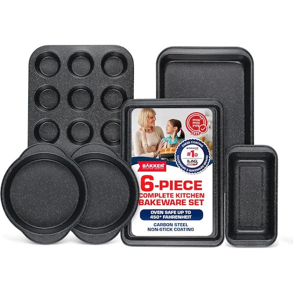 6-Piece Kitchen Baking Pan Set-Commercial Grade Carbon Steel Bakeware, With Nonstick Coating, Gray Marble