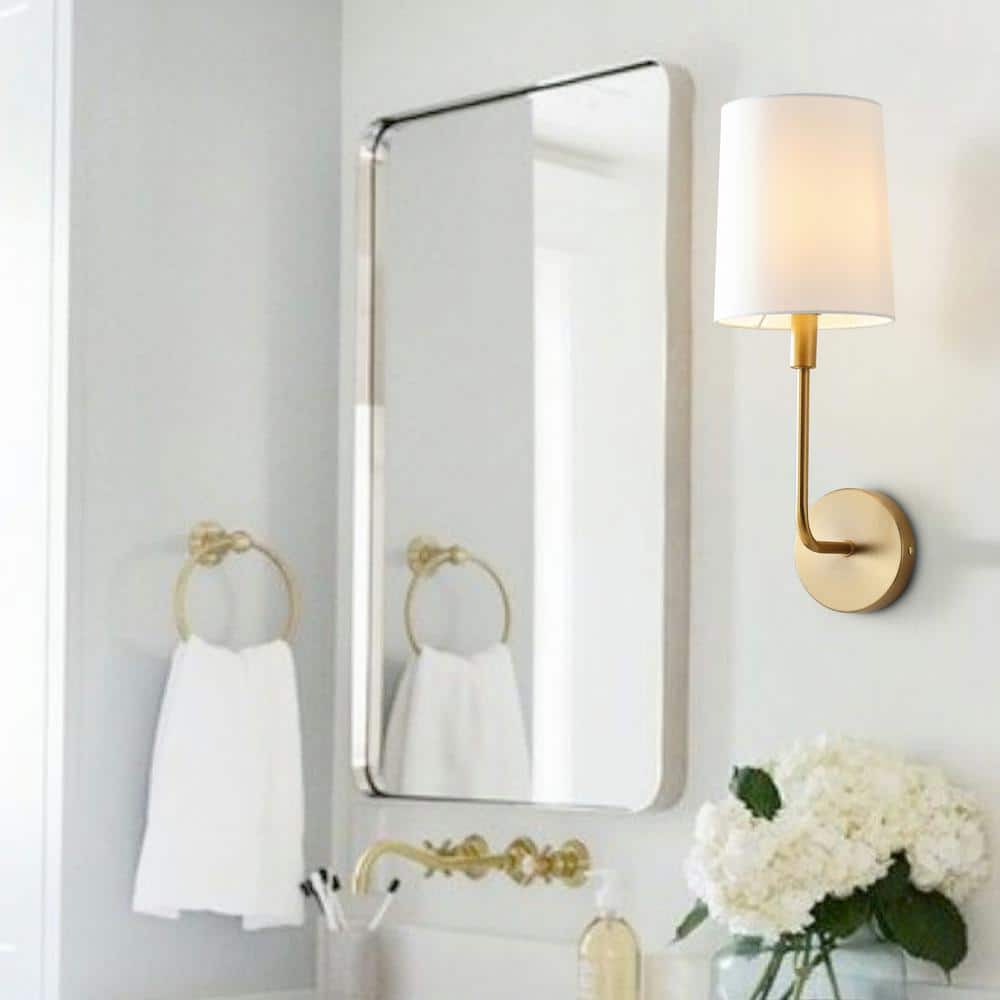 Contemporary Brass Gold Wall Sconce with Off-White Cotton Shade