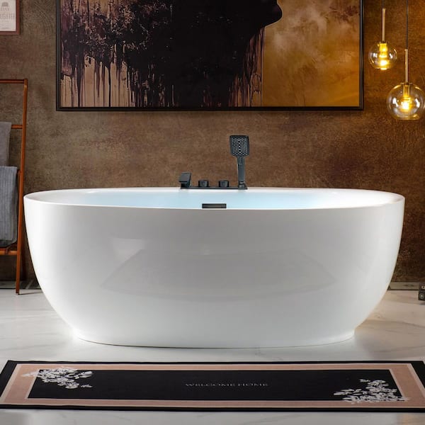 66 in. L x 36 in. W Acrylic FlatBottom Freestanding Soaking Bathtub in White with Matte Black Drain and Tub Filler