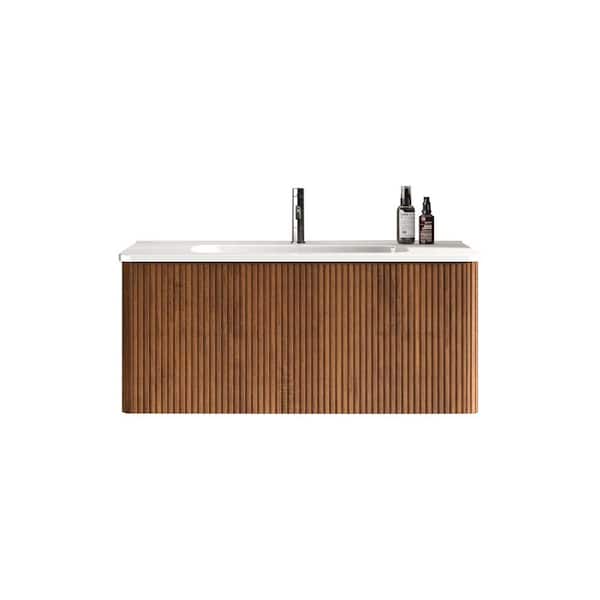 Unbranded 36 in. Wall-Mounted Bathroom Vanity with White Resin Sink and Push Open Cabinet Drawer in White&Walnut