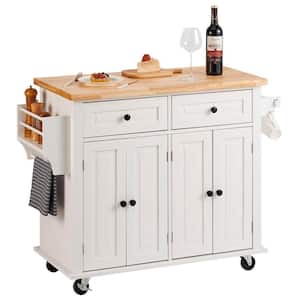 Kitchen Island Cart with Solid Natural Wood Top 35.4 Width Mobile Carts with Storage Cabinet Portable on Wheels, White