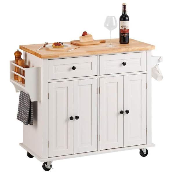 Kitchen Island Cart with Solid Natural Wood Top 35.4 Width Mobile Carts with Storage Cabinet Portable on Wheels, White