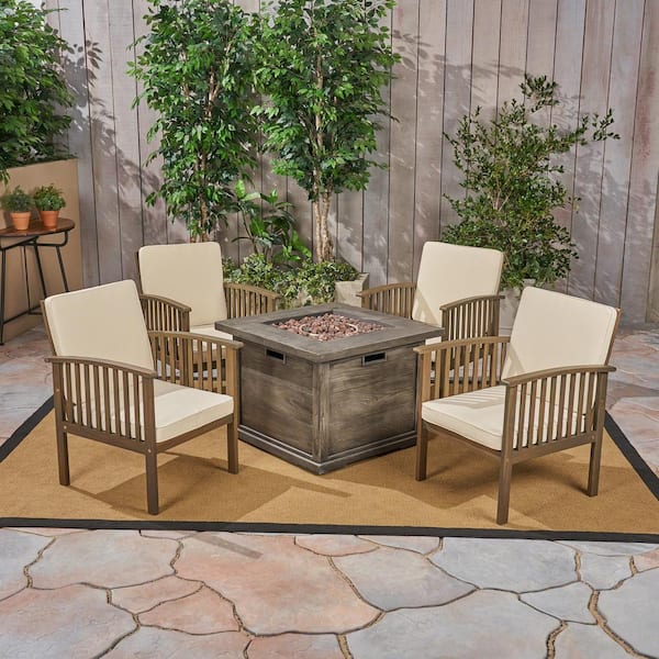 Noble House Carolina Grey 5-Piece Wood Patio Fire Pit Conversation Set with Cream Cushions