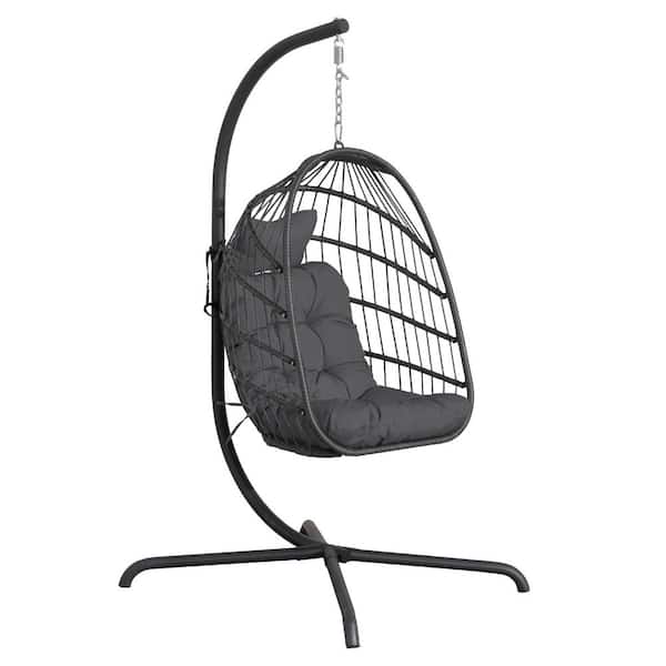 Outdoor Foldable Grey Wicker Egg Porch Swing Chair with Steel Stand and Dark Grey Cushion for Patio