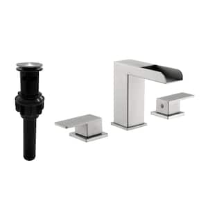 8 in. Widespread Double Handle Waterfall Bathroom Faucet with Deckplate and Drain in Brushed Nickel