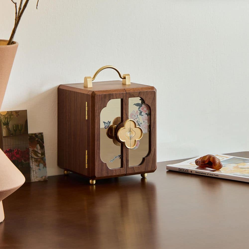 Lesly 6.3 in Wide Walnut Color With Carrying Handle Wooden Jewelry