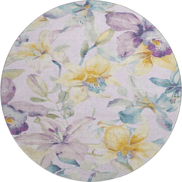 Mayfield Premium Machine Washable Abstract AMF2262 Lavender 8 ft. x 8 ft. Round Rug