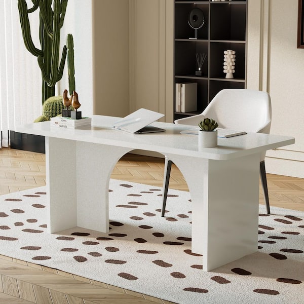 White Wood 74.8 in. Width Arched Panel Base Trestle Rectangular Dining Table, Computer Desk, Writing Desk, Seats 6