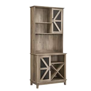 Home Source Reclaimed Barnwood Microwave Stand with Open-Shelves and Wine Rack