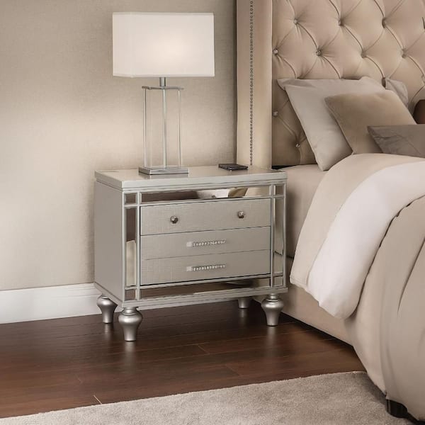 silver dresser and night stand Glam 4pc Queen Size LED Panel Bed Set Silver Faux Leather Nightstand  Dresser Master Bedroom Furniture