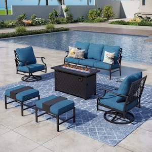 Black Metal Meshed 7 Seat 6-Piece Steel Outdoor Fire Pit Patio Set with Peacock Blue Cushions Rectangular Fire Pit Table