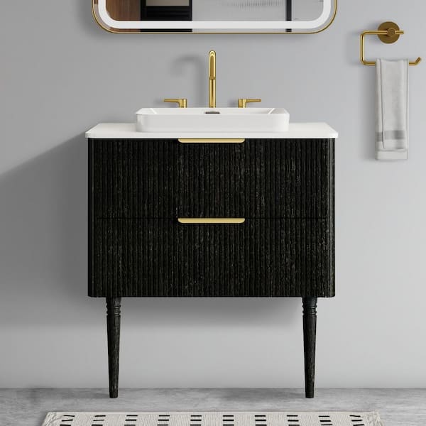 30 in. W Bath Vanity in Black with White Cultured Marble Top and Vessel Sink, Solid Wood Legs (Assembled)