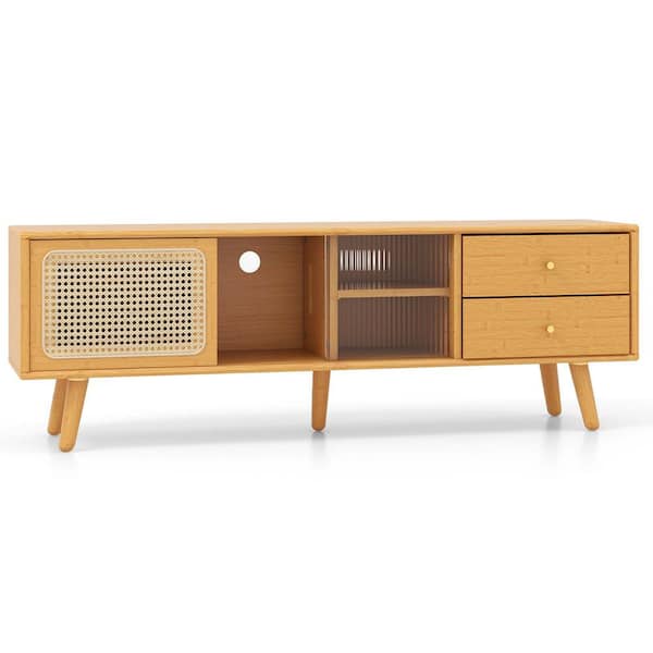 Costway Beige TV Stand Entertainment Center Fits TV's up to 65 in. with PE Rattan Door and 2 Drawers