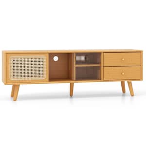 Beige TV Stand Entertainment Center Fits TV's up to 65 in. with PE Rattan Door and 2 Drawers