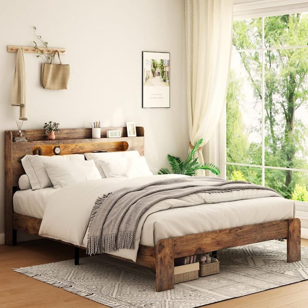 Peyton Dark Brown Wood + Metal Frame King Size Platform Bed with USB Port, Storage LED Light Headboard