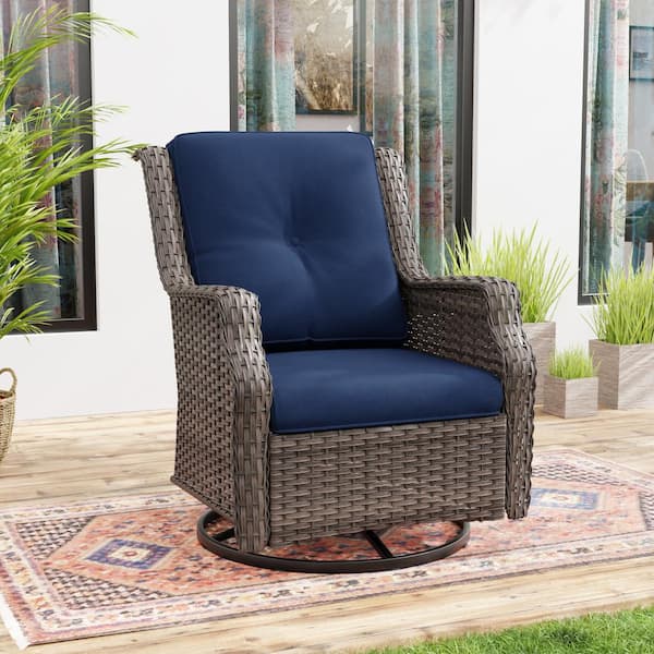 JOYSIDE Wicker Patio Outdoor Lounge Chair Swivel Rocking Chair with Blue Cushions