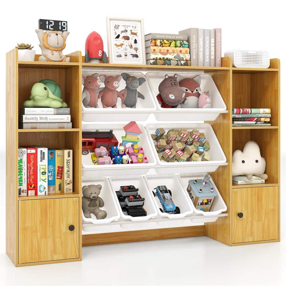 Toy Storage Organizer Kids Bookshelf and Toy Storage with Removable Bins and Cabinets Natural