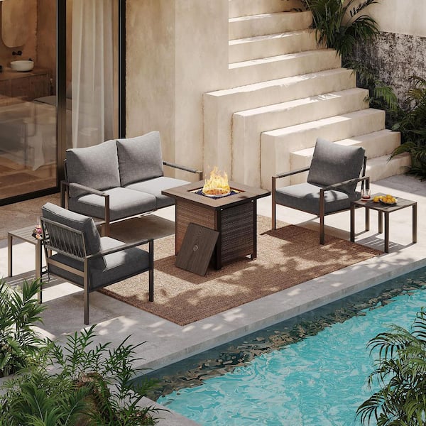6-Piece Metal Outdoor Patio Conversation Set with 28 in. Fire Pit Table, Dark Grey Cushions and Coffee Tables