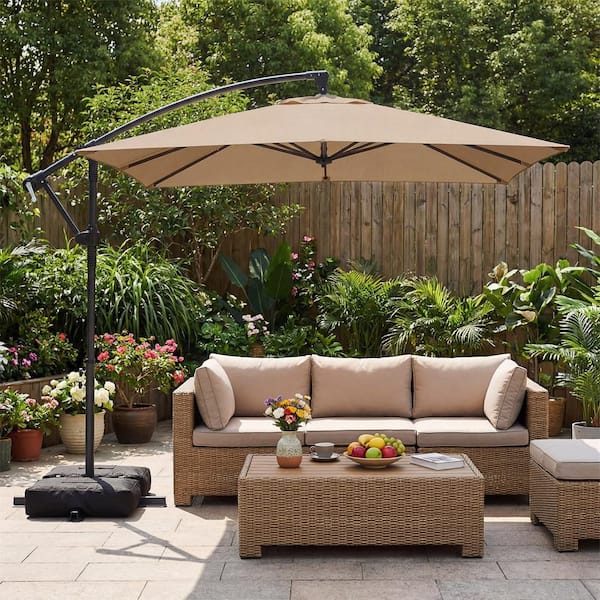 8 offset patio umbrella PURPLE LEAF 8 ft Cantilever Patio Umbrella Outdoor Offset Umbrell and 360-degree Rotation With Base, Beige