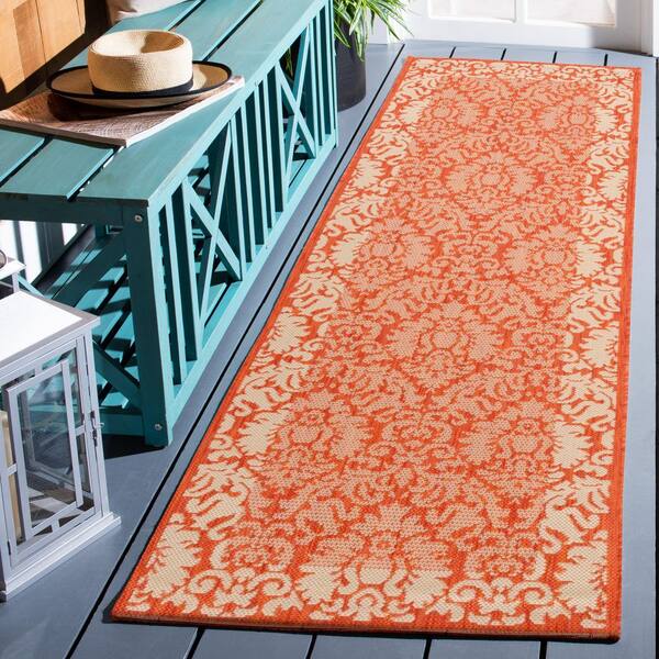Courtyard Terracotta/Natural 2 ft. x 10 ft. Floral Indoor/Outdoor Patio  Runner Rug