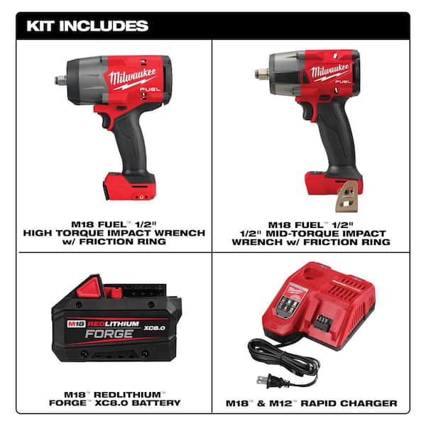 M18 FUEL 18V Lithium-Ion Cordless 1/2 in. Impact Wrench w/ 1/2 in. Mid Torque Impact Wrench, 8.0 Battery, & Charger