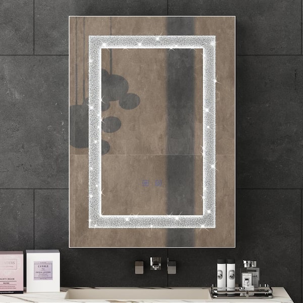 FUFU&GAGA 20.1 in. W x 27.8 in. H Rectangular Surface Mount Bathroom Medicine Cabinet with Mirror, Anti-Fog, LED Strip Crystal