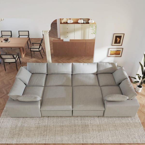 Cloud Couch 157 in. Square Arm Down Filled Linen 8-Piece Modular Sectional Sofa in Gray with Ottoman, Detachable Covers