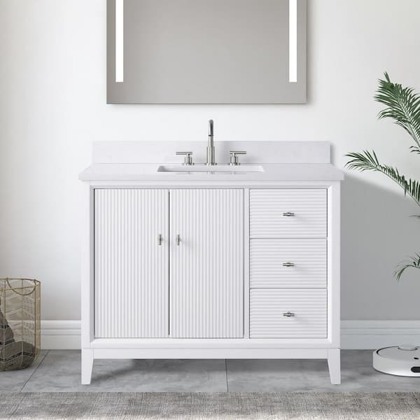 Vanity Art 42 in. W Single Sink Freestanding White Bath Vanity Cabinet with Arabescato White Engineered Marble Top