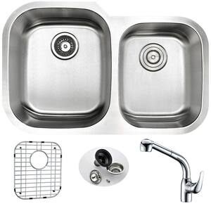 MOORE Undermount Stainless Steel 32 in. Double Bowl Kitchen Sink and Faucet Set with Harbour Faucet in Brushed Satin