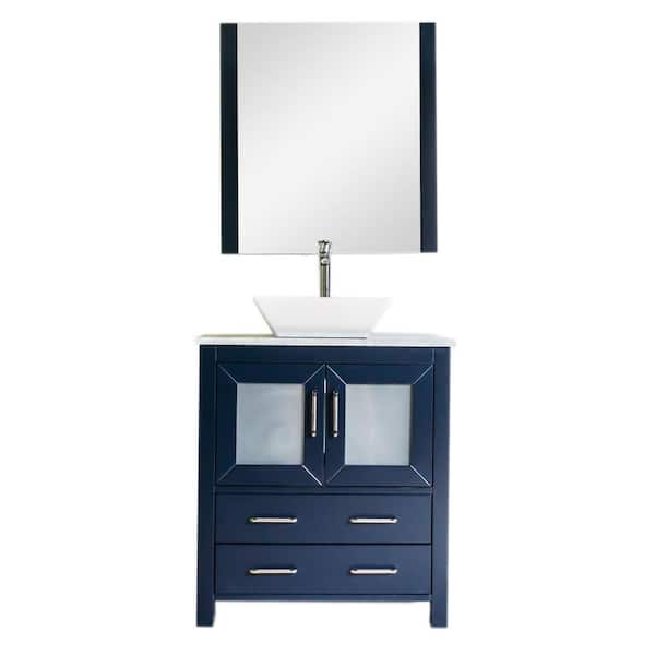 Unbranded Newport 30 in. W x 18 in. D Bath Vanity in Navy with Marble Vanity Top in White with White Basin(s) and Mirror