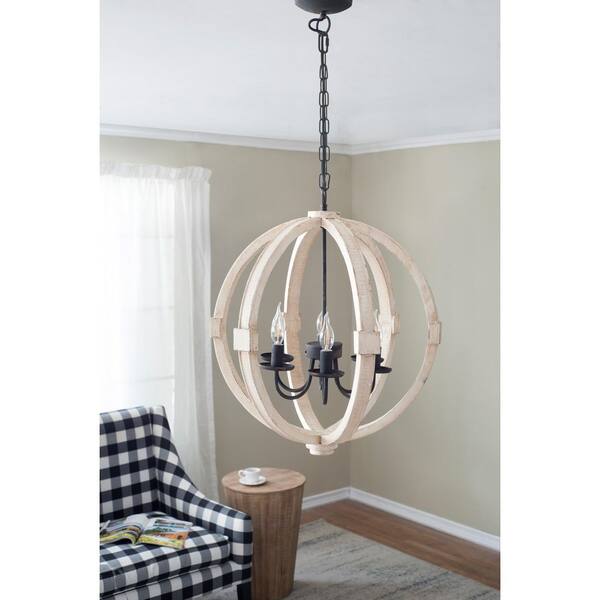 CottaIron 6-Light Distressed White Pendant with Adjustable Chain Wood Chandelier for Hallway, with No Bulbs Included