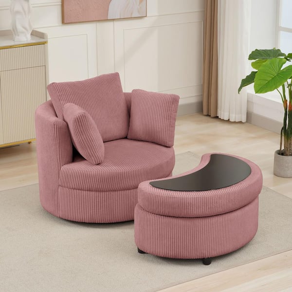 JEAREY Modern Pink Corduroy Accent Armchair with Pillows and Storage Ottoman