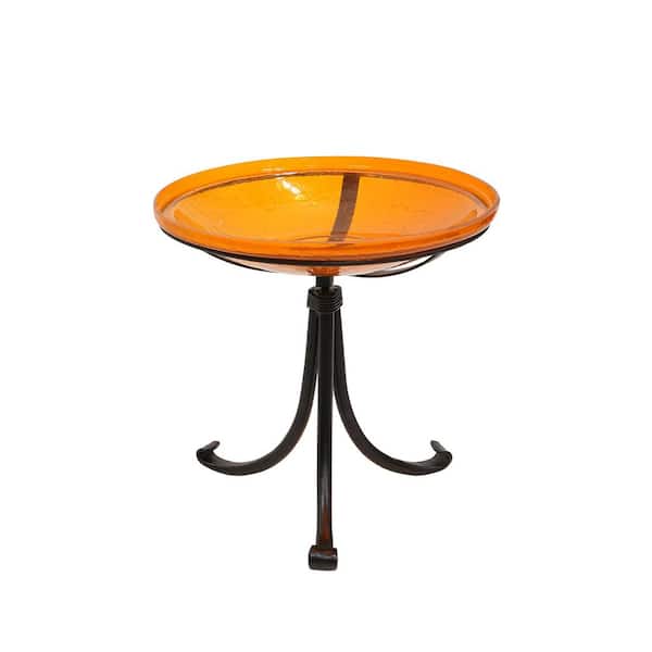 14 in. Dia. Round Mandarin Orange Crackle Glass Birdbath w/Black Wrought Iron Tripod Stand