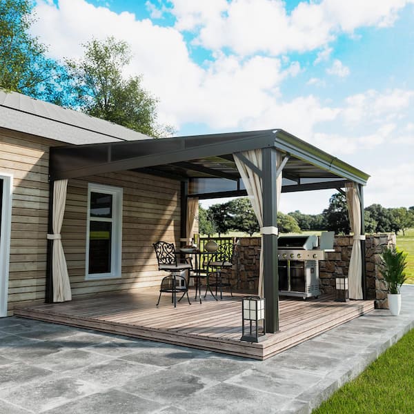10 ft. x 12 ft. Outdoor Patio Aluminum Frame Lean-To Hardtop Gazebo with Galvanized Steel Roof, Curtains and Netting