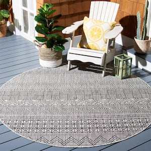 Courtyard Black/Gray 4 ft. x 4 ft. Round Striped Tribal Chevron Indoor/Outdoor Area Rug