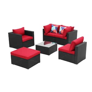 Red 6-Piece Rattan Patio Conversation Set with Cushions