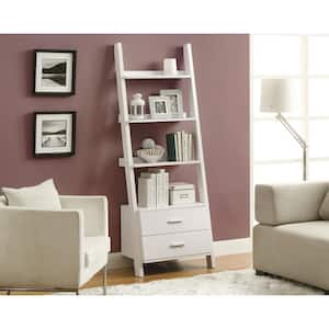 69 in. White Faux Wood 4-shelf Ladder Bookcase with Drawers
