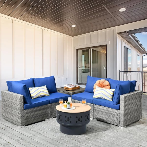 weaxty W Daffodil R Gray 6-Piece Wicker Patio Wood Burning Fire Pit Conversation Sofa Set with Navy Blue Cushions