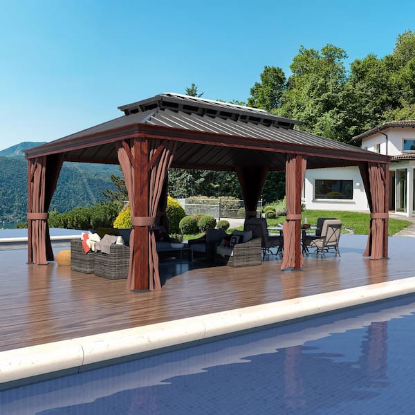 VEIKOUS 12 ft. x 20 ft. Wood Grain Aluminum Gazebo Galvanized Steel Double Top Roof with Curtains and Netting